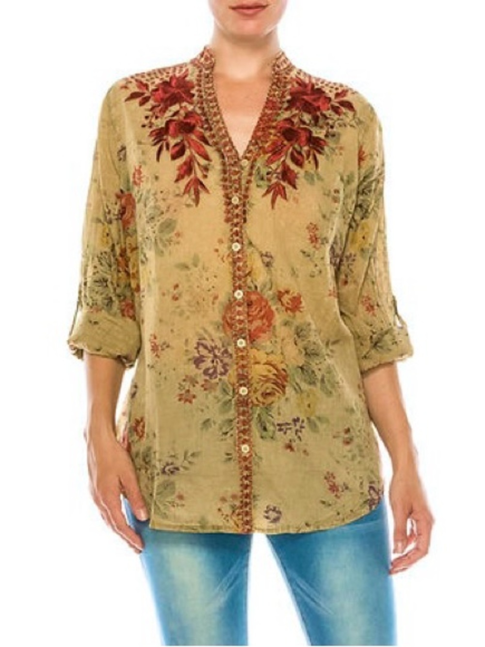 Vintage Goa Embroidered Floral Printed Button-Front Tunic Size S Boho